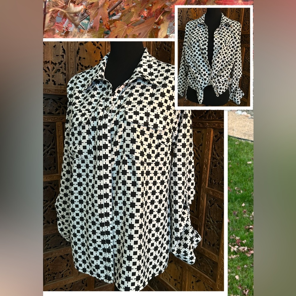 Notations Black and White Checkered Button Down Top